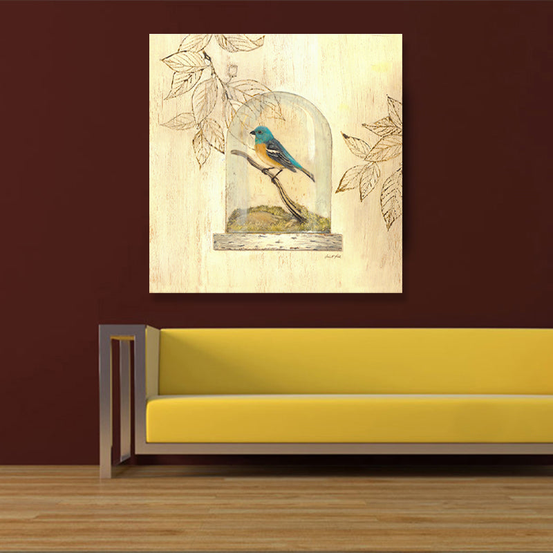 Traditional Leaf and Birdcage Painting Canvas Yellow Charcoal Drawings Wall Decor Clearhalo 'Art Gallery' 'Canvas Art' 'Traditional' Arts' 1704731