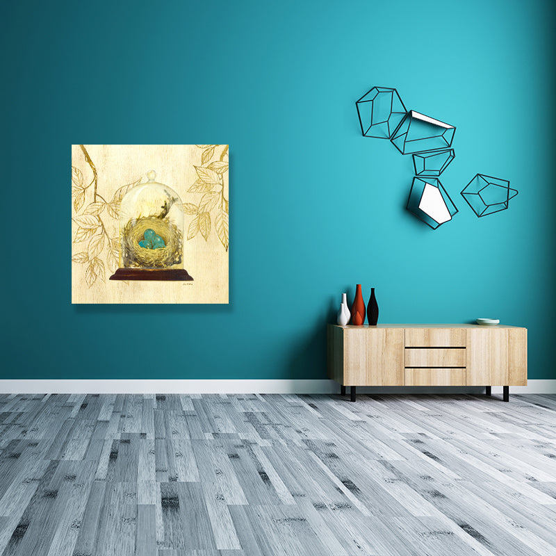 Traditional Leaf and Birdcage Painting Canvas Yellow Charcoal Drawings Wall Decor Yellow Design 1 Clearhalo 'Art Gallery' 'Canvas Art' 'Traditional' Arts' 1704736