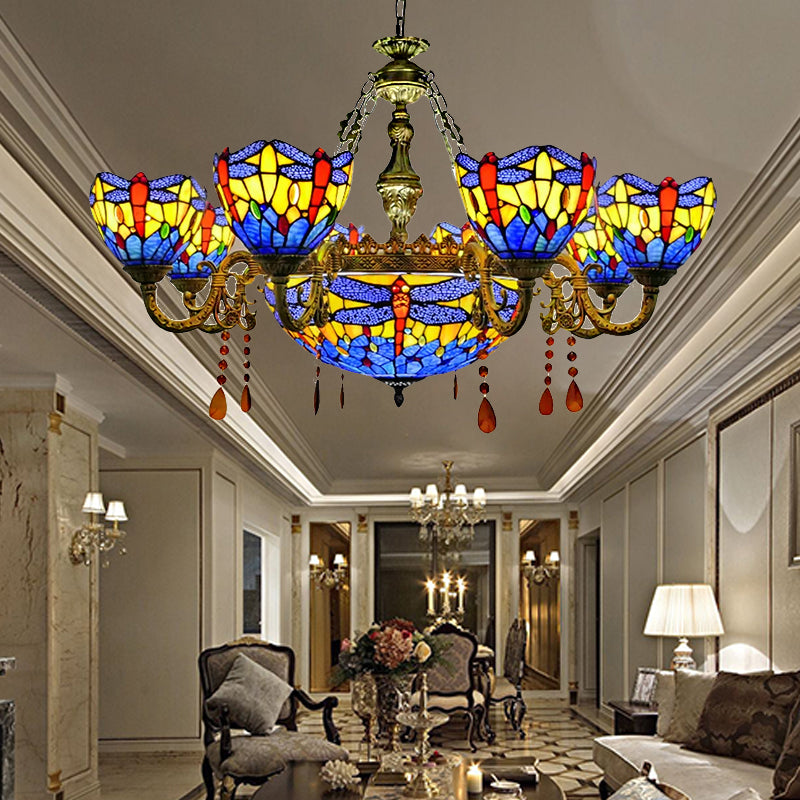 Chandeliers for Living Room, Dragonfly Pendant Ceiling Lamp with Stained Glass Shade and Amber Crystal Decoration 9 Blue Clearhalo 'Ceiling Lights' 'Chandeliers' 'Close To Ceiling Lights' 'Industrial' 'Middle Century Chandeliers' 'Tiffany Chandeliers' 'Tiffany close to ceiling' 'Tiffany' Lighting' 170486