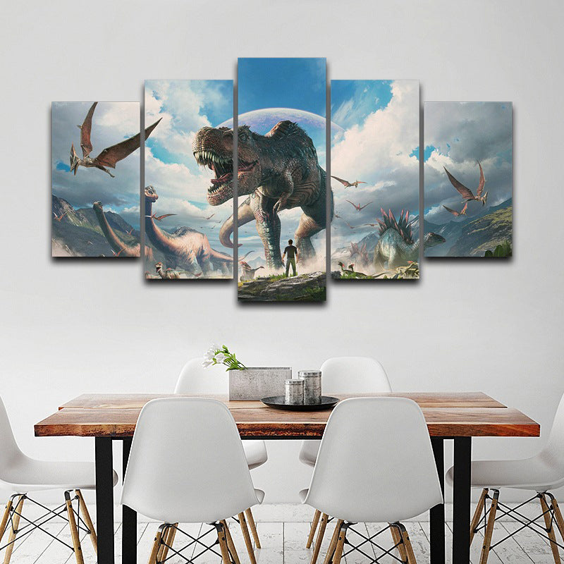 Fictional Dinosaurs Wall Decor Blue Jurassic Park Scene Canvas Art for Boys Bedroom Clearhalo 'Art Gallery' 'Canvas Art' 'Kids' Arts' 1704900