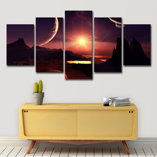 Purple-Red Science Fiction Canvas Print Mountain with Sunset Glow Landscape Wall Art for Room Purple-Red Clearhalo 'Art Gallery' 'Canvas Art' 'Kids' Arts' 1704923