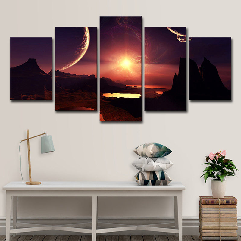 Purple-Red Science Fiction Canvas Print Mountain with Sunset Glow Landscape Wall Art for Room Clearhalo 'Art Gallery' 'Canvas Art' 'Kids' Arts' 1704924