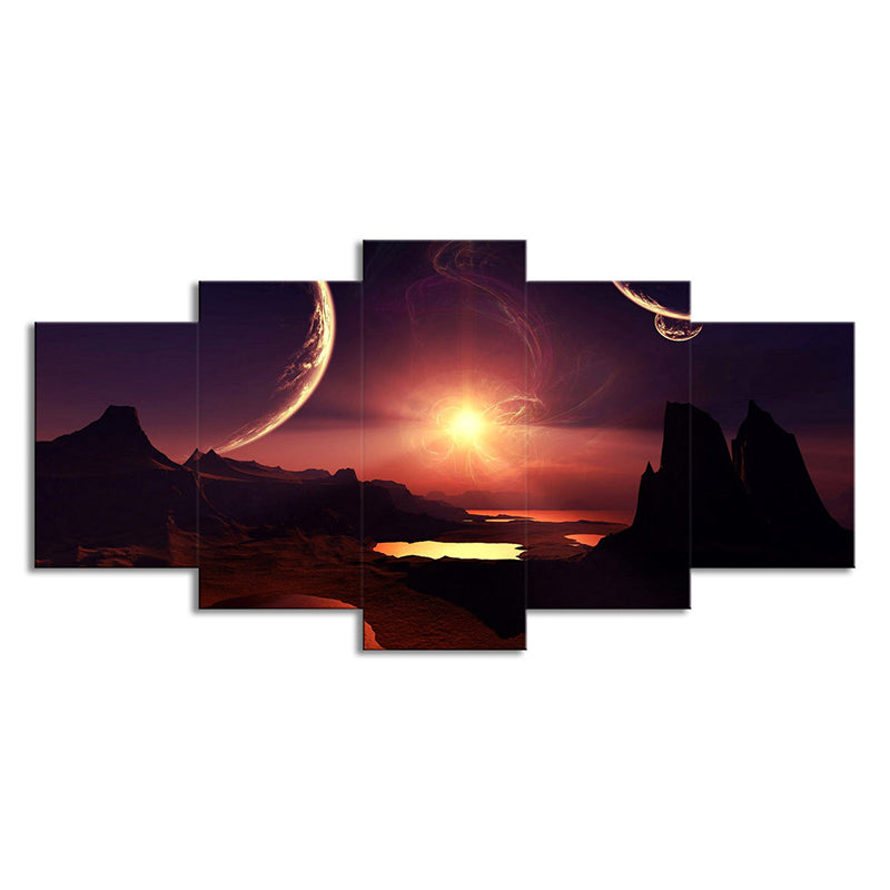 Purple-Red Science Fiction Canvas Print Mountain with Sunset Glow Landscape Wall Art for Room Clearhalo 'Art Gallery' 'Canvas Art' 'Kids' Arts' 1704926