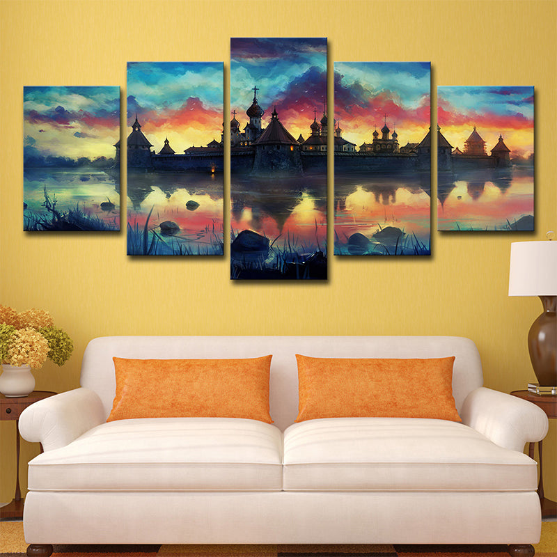 Lakeside Castle Scenery Wall Art Kids Dreamy Evening Glow Canvas Print in Yellow Yellow Clearhalo 'Art Gallery' 'Canvas Art' 'Kids' Arts' 1704951