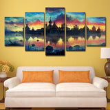 Lakeside Castle Scenery Wall Art Kids Dreamy Evening Glow Canvas Print in Yellow Yellow Clearhalo 'Art Gallery' 'Canvas Art' 'Kids' Arts' 1704951