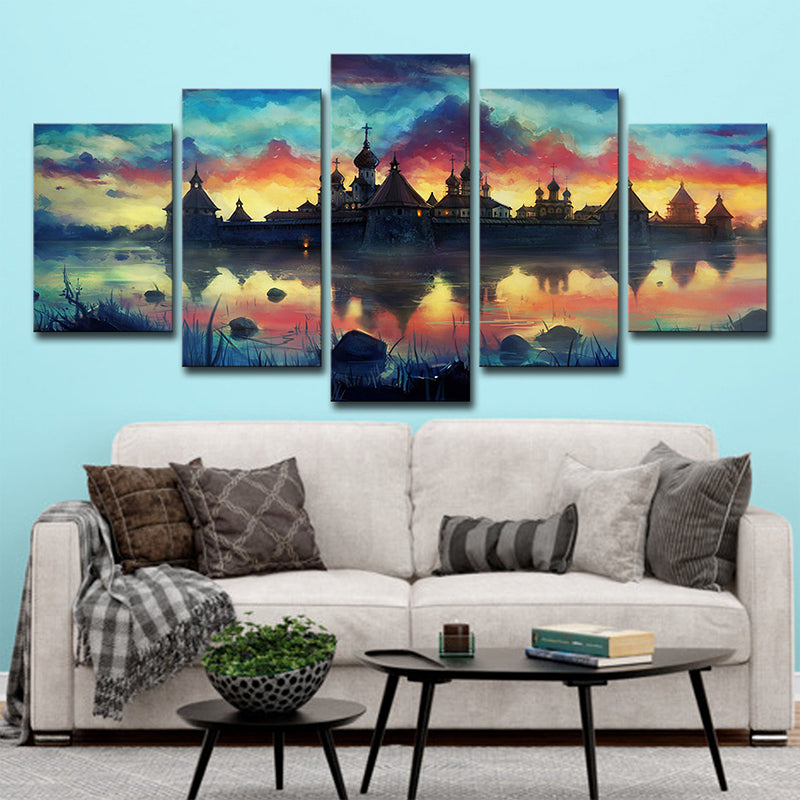 Lakeside Castle Scenery Wall Art Kids Dreamy Evening Glow Canvas Print in Yellow Clearhalo 'Art Gallery' 'Canvas Art' 'Kids' Arts' 1704952