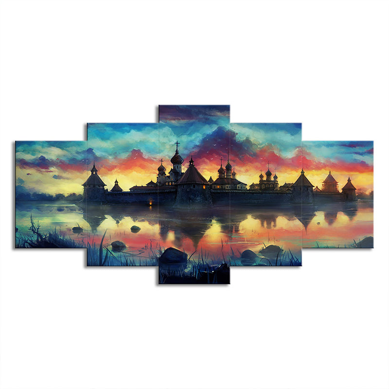 Lakeside Castle Scenery Wall Art Kids Dreamy Evening Glow Canvas Print in Yellow Clearhalo 'Art Gallery' 'Canvas Art' 'Kids' Arts' 1704954