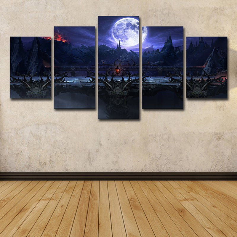 Game Scene Wall Art Kids Gloomy Full Moon Castle Night Canvas Print in Dark Blue Dark Blue Clearhalo 'Art Gallery' 'Canvas Art' 'Kids' Arts' 1705000