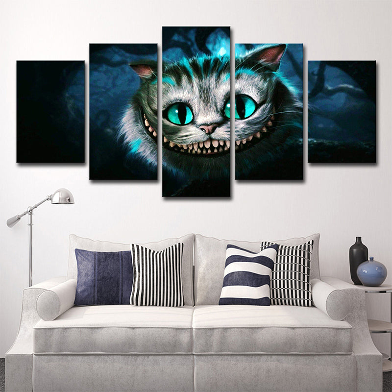 Fantasy Wonderland Cat Wall Art Print Cartoon Multi-Piece Canvas in Blue for Dining Room Blue Clearhalo 'Art Gallery' 'Canvas Art' 'Kids' Arts' 1705025