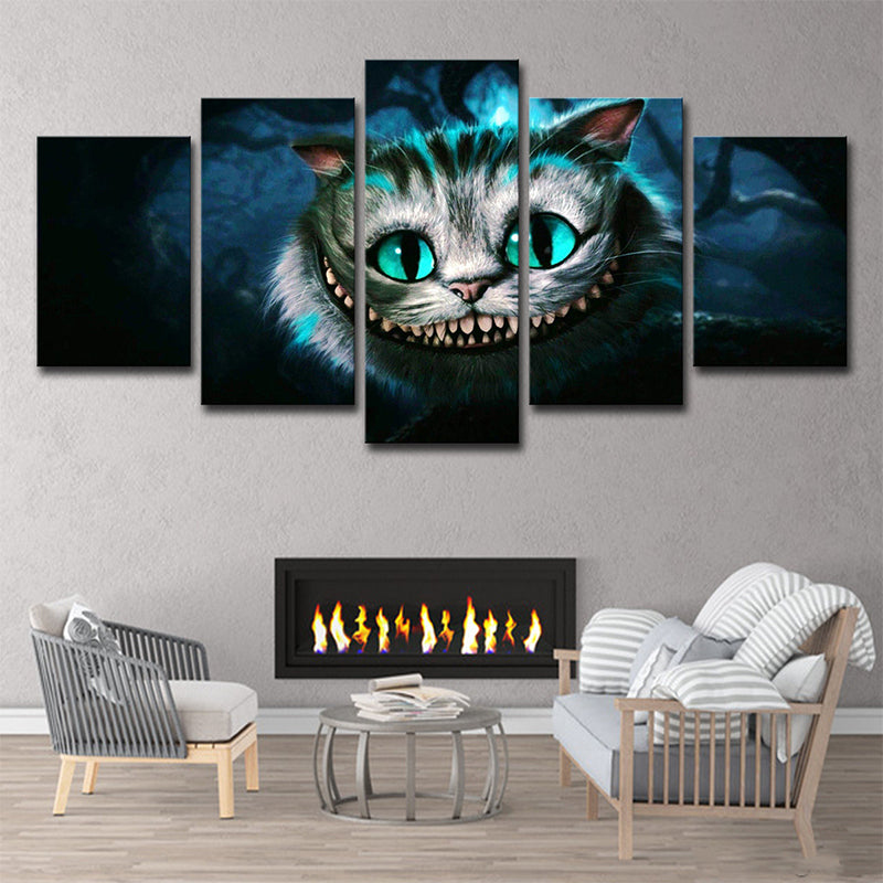 Fantasy Wonderland Cat Wall Art Print Cartoon Multi-Piece Canvas in Blue for Dining Room Clearhalo 'Art Gallery' 'Canvas Art' 'Kids' Arts' 1705027