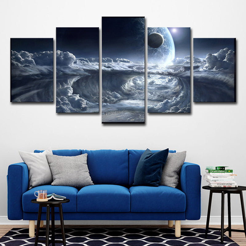 Science Fiction Space Canvas Art Blue Cloud and Planet Print Wall Decor for Bedroom Clearhalo 'Art Gallery' 'Canvas Art' 'Kids' Arts' 1705040