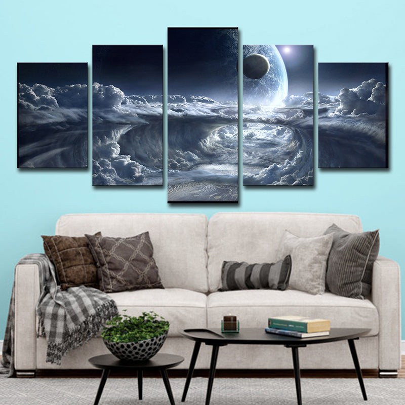 Science Fiction Space Canvas Art Blue Cloud and Planet Print Wall Decor for Bedroom Clearhalo 'Art Gallery' 'Canvas Art' 'Kids' Arts' 1705041