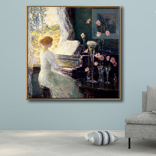 Vintage Wall Art Decor Green Beauty Playing the Piano Canvas in Green for Living Room Clearhalo 'Arts' 'Canvas Art' 1705101