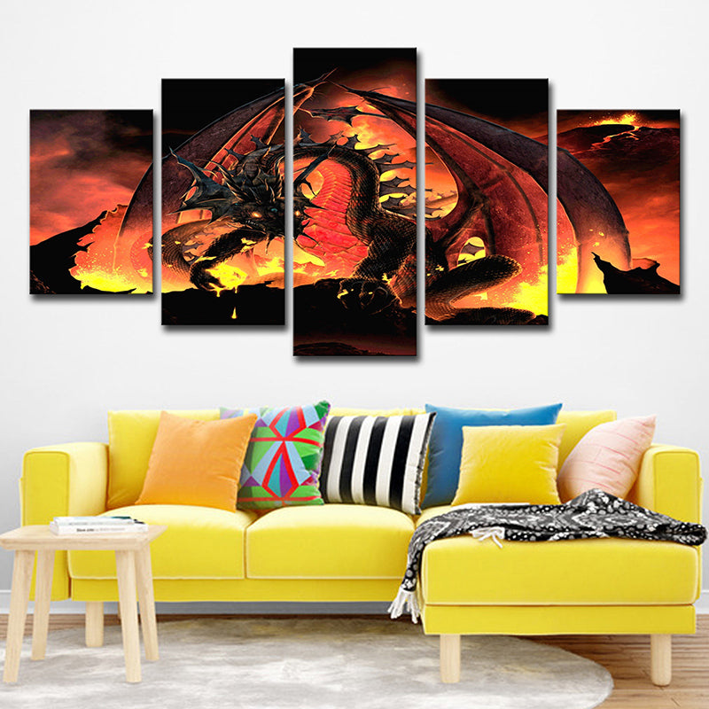 Fire Dragon Art Print Orange Canvas Made Wall Decor for House Interior, Multi-Piece Clearhalo 'Art Gallery' 'Canvas Art' 'Kids' Arts' 1705120