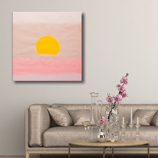 Canvas Textured Painting Children's Art Sunrise Wall Decor in Dark Color for Hallway Pink