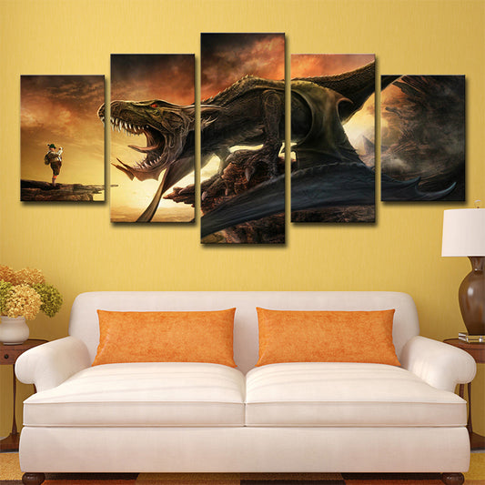 Canvas Multi-Piece Wall Decor Science Fiction Dinosaur Roaring Art Print in Yellow Yellow Clearhalo 'Art Gallery' 'Canvas Art' 'Kids' Arts' 1705166