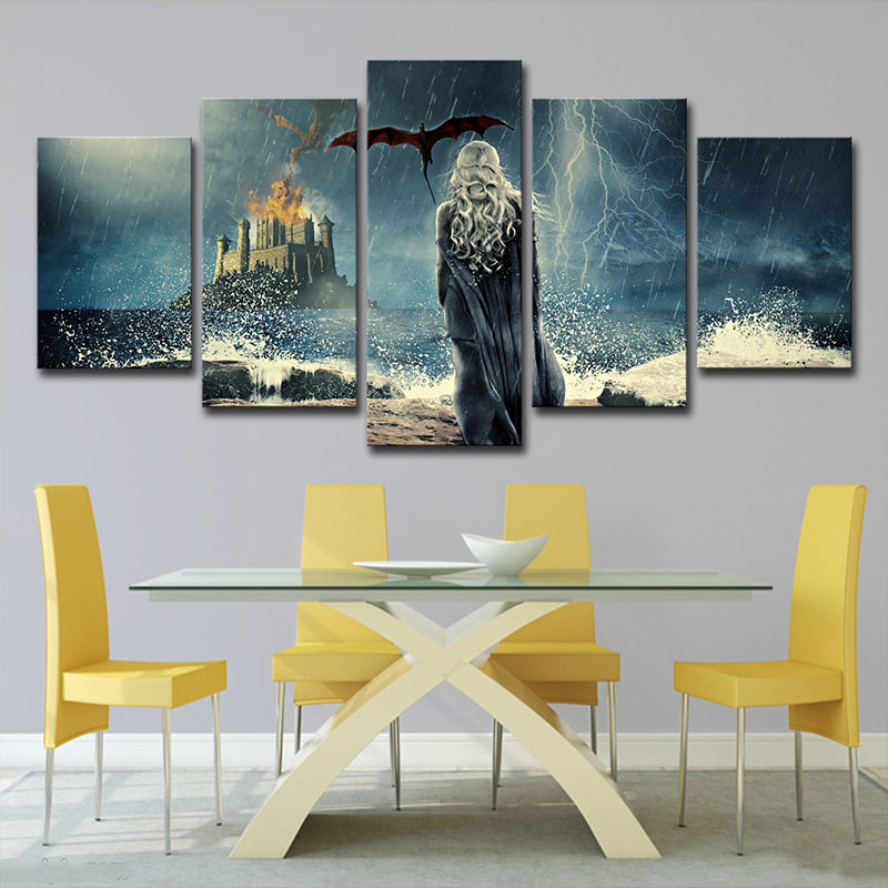 Rainy Night Castle Wall Art Kids Mysterious Game Scene Canvas in Blue for Living Room Clearhalo 'Art Gallery' 'Canvas Art' 'Kids' Arts' 1705174