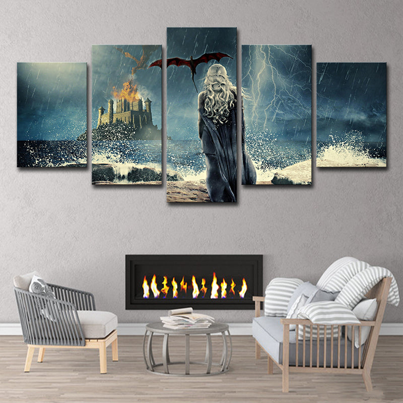Rainy Night Castle Wall Art Kids Mysterious Game Scene Canvas in Blue for Living Room Clearhalo 'Art Gallery' 'Canvas Art' 'Kids' Arts' 1705175