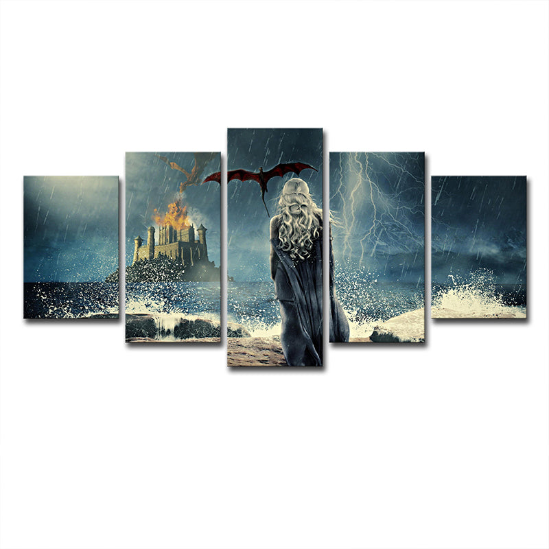 Rainy Night Castle Wall Art Kids Mysterious Game Scene Canvas in Blue for Living Room Clearhalo 'Art Gallery' 'Canvas Art' 'Kids' Arts' 1705176