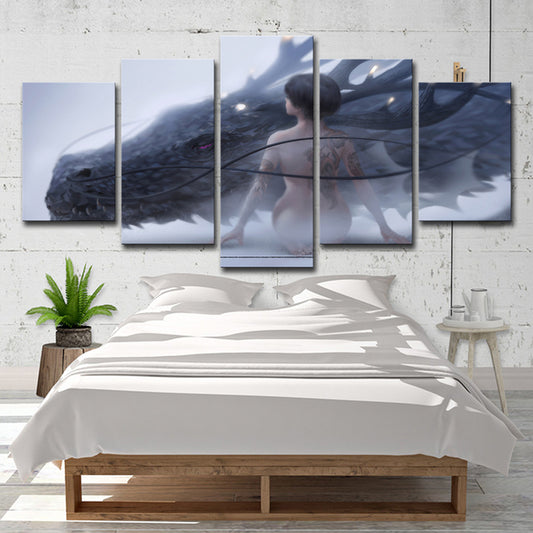 Nude Girl and Dragon Canvas Art Blue Kids Style Wall Decoration for Boys Bedroom Blue Clearhalo 'Art Gallery' 'Canvas Art' 'Kids' Arts' 1705229