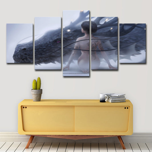 Nude Girl and Dragon Canvas Art Blue Kids Style Wall Decoration for Boys Bedroom Clearhalo 'Art Gallery' 'Canvas Art' 'Kids' Arts' 1705230