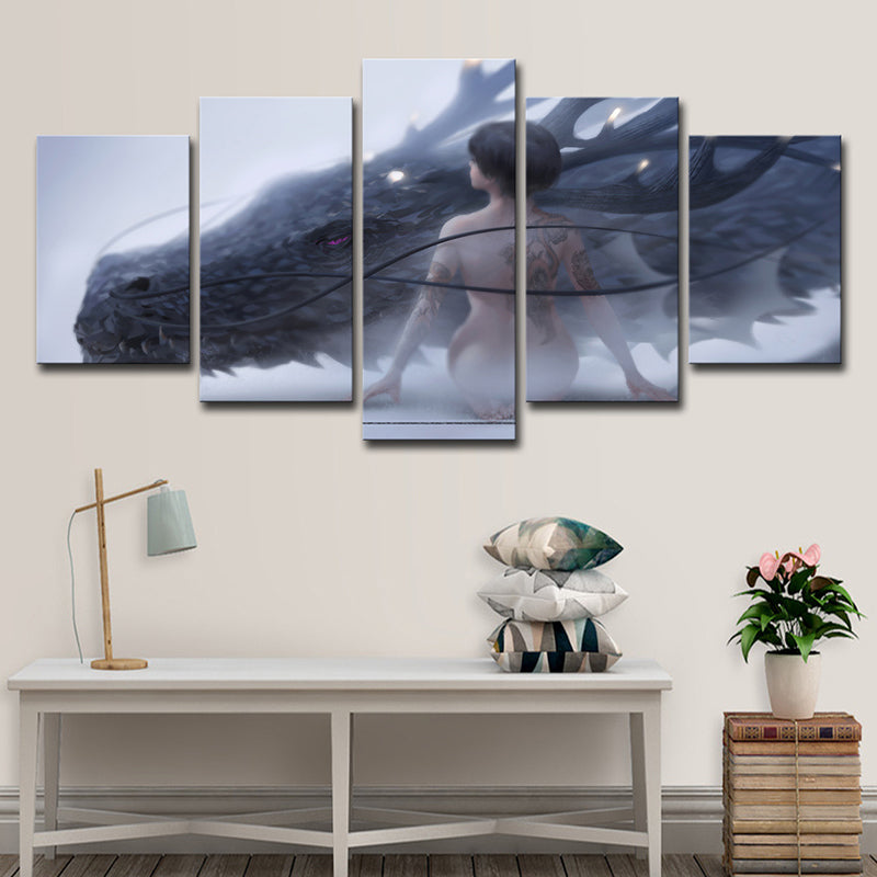 Nude Girl and Dragon Canvas Art Blue Kids Style Wall Decoration for Boys Bedroom Clearhalo 'Art Gallery' 'Canvas Art' 'Kids' Arts' 1705231
