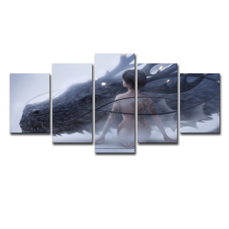 Nude Girl and Dragon Canvas Art Blue Kids Style Wall Decoration for Boys Bedroom Clearhalo 'Art Gallery' 'Canvas Art' 'Kids' Arts' 1705232