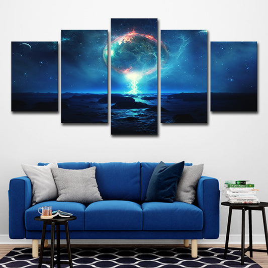 Blue Fictional Canvas Wall Art Earth and Starry Night Sky Wall Decor for Bedroom Blue Clearhalo 'Art Gallery' 'Canvas Art' 'Kids' Arts' 1705247