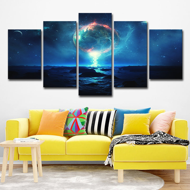 Blue Fictional Canvas Wall Art Earth and Starry Night Sky Wall Decor for Bedroom Clearhalo 'Art Gallery' 'Canvas Art' 'Kids' Arts' 1705248