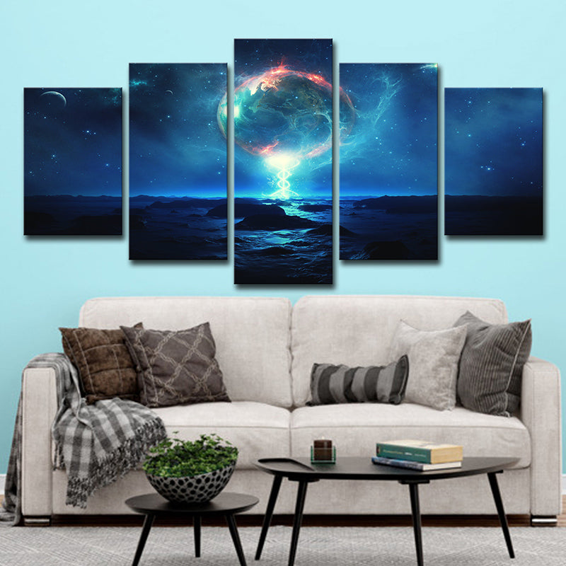 Blue Fictional Canvas Wall Art Earth and Starry Night Sky Wall Decor for Bedroom Clearhalo 'Art Gallery' 'Canvas Art' 'Kids' Arts' 1705249