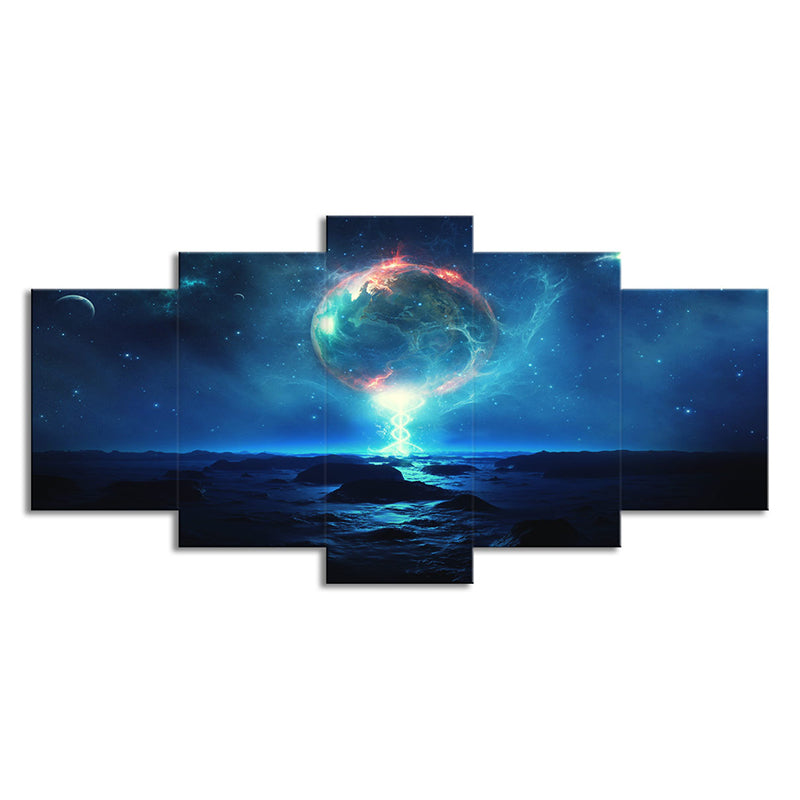 Blue Fictional Canvas Wall Art Earth and Starry Night Sky Wall Decor for Bedroom Clearhalo 'Art Gallery' 'Canvas Art' 'Kids' Arts' 1705250