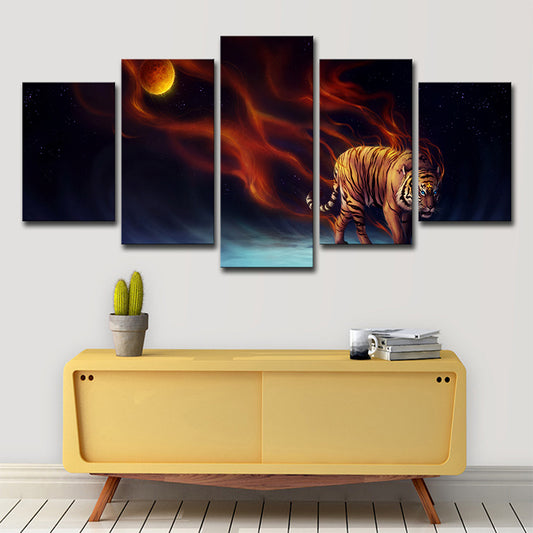 Yellow Moon Night Tiger Art Print Multi-Piece Modern Living Room Wall Decoration Yellow Clearhalo 'Art Gallery' 'Canvas Art' 'Contemporary Art Gallery' 'Modern' Arts' 1705261
