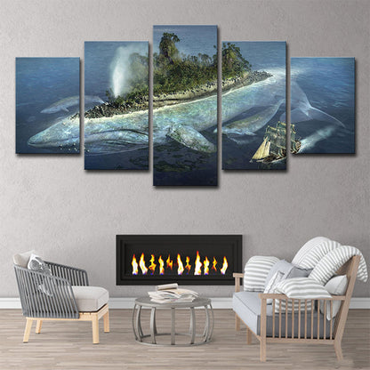 Modernist Ocean Whale Island Art Print Blue Multi-Piece Canvas for House Interior Blue Clearhalo 'Art Gallery' 'Canvas Art' 'Contemporary Art Gallery' 'Modern' Arts' 1705322