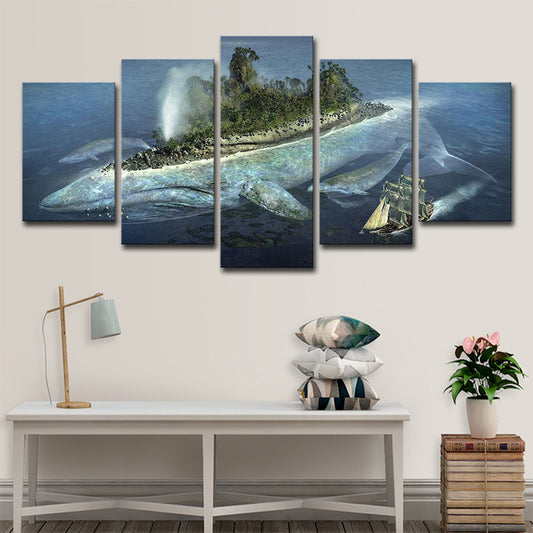 Modernist Ocean Whale Island Art Print Blue Multi-Piece Canvas for House Interior Clearhalo 'Art Gallery' 'Canvas Art' 'Contemporary Art Gallery' 'Modern' Arts' 1705323