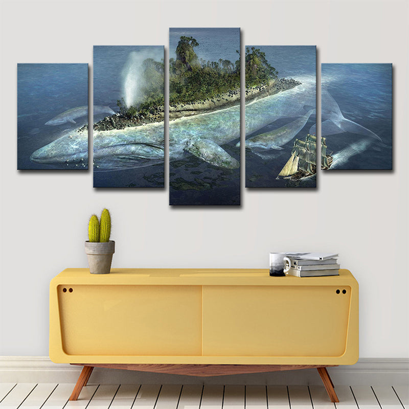 Modernist Ocean Whale Island Art Print Blue Multi-Piece Canvas for House Interior Clearhalo 'Art Gallery' 'Canvas Art' 'Contemporary Art Gallery' 'Modern' Arts' 1705324