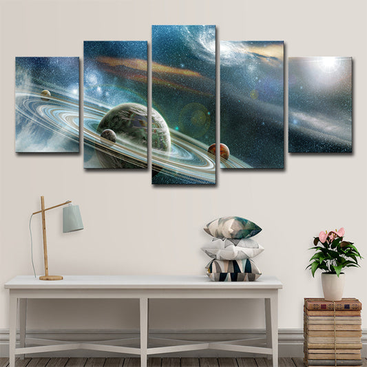 Outer Space Ringed Planet Canvas Science Fiction Multi-Piece Wall Art Print in Blue Blue Clearhalo 'Art Gallery' 'Canvas Art' 'Kids' Arts' 1705410