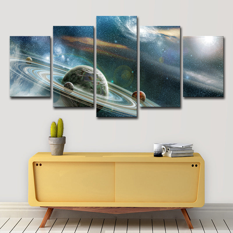 Outer Space Ringed Planet Canvas Science Fiction Multi-Piece Wall Art Print in Blue Clearhalo 'Art Gallery' 'Canvas Art' 'Kids' Arts' 1705411