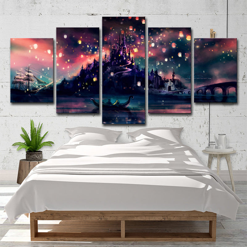 Hogwarts Castle Canvas Art Kids Beautiful Night Scenery Wall Decor in Red for Bedroom Clearhalo 'Art Gallery' 'Canvas Art' 'Kids' Arts' 1705426