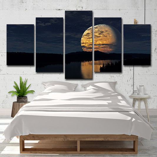 Supermoon over Lake Scene Art Print Kids Bedroom Sci-Fi Canvas in Yellow for Decor Yellow Clearhalo 'Art Gallery' 'Canvas Art' 'Kids' Arts' 1705460
