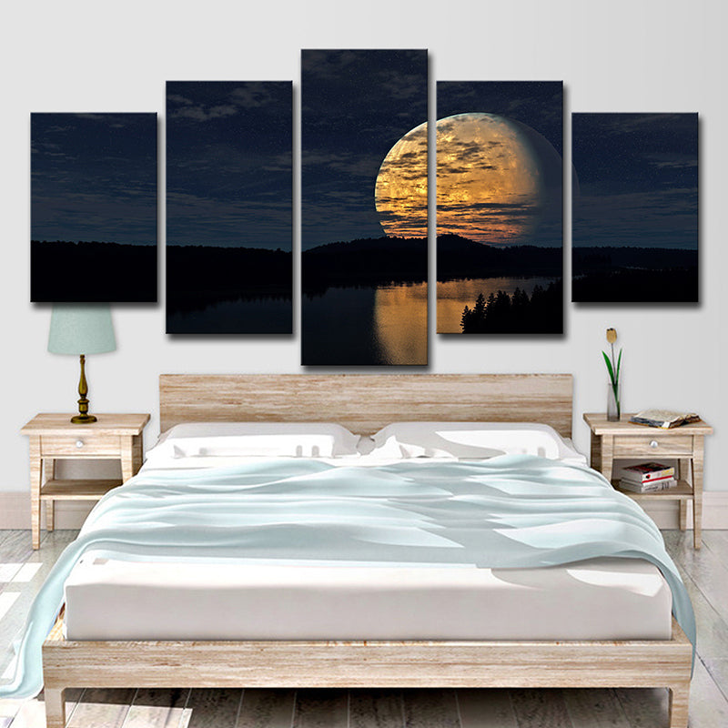 Supermoon over Lake Scene Art Print Kids Bedroom Sci-Fi Canvas in Yellow for Decor Clearhalo 'Art Gallery' 'Canvas Art' 'Kids' Arts' 1705461