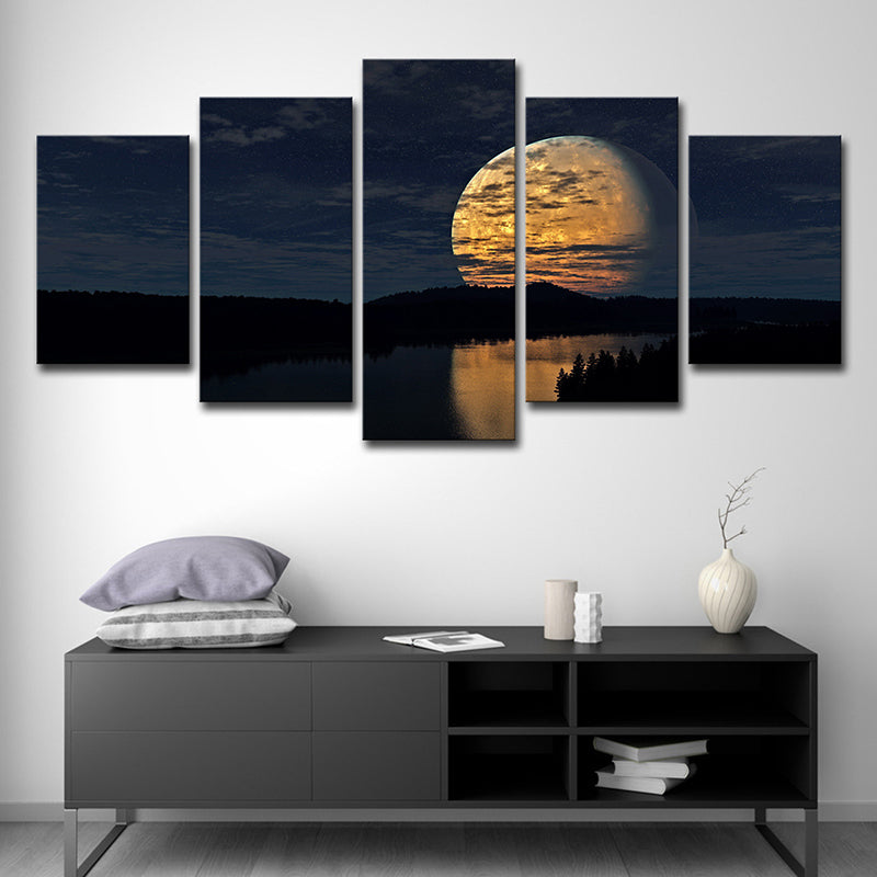 Supermoon over Lake Scene Art Print Kids Bedroom Sci-Fi Canvas in Yellow for Decor Clearhalo 'Art Gallery' 'Canvas Art' 'Kids' Arts' 1705462