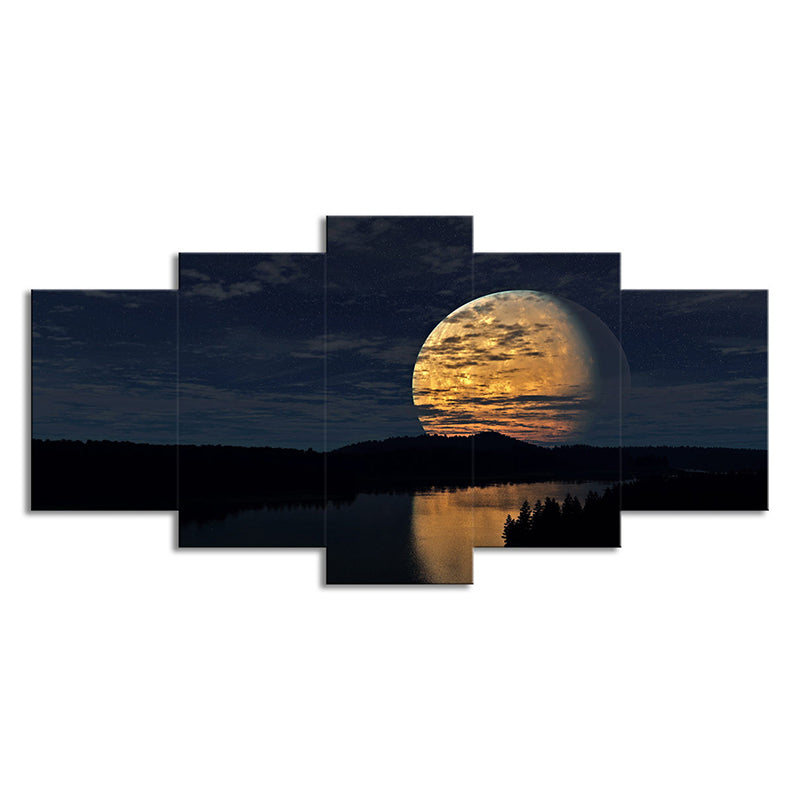 Supermoon over Lake Scene Art Print Kids Bedroom Sci-Fi Canvas in Yellow for Decor Clearhalo 'Art Gallery' 'Canvas Art' 'Kids' Arts' 1705463