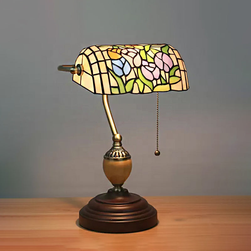 Tiffany Stylish Flower/Geometric/Baroque Bankers Table Lamp 1 Light Stainless Glass Brown Finish Table Lamp with Pull Chain Brown Flower Clearhalo 'Desk Lamps' 'Lamps' Lighting' 170547
