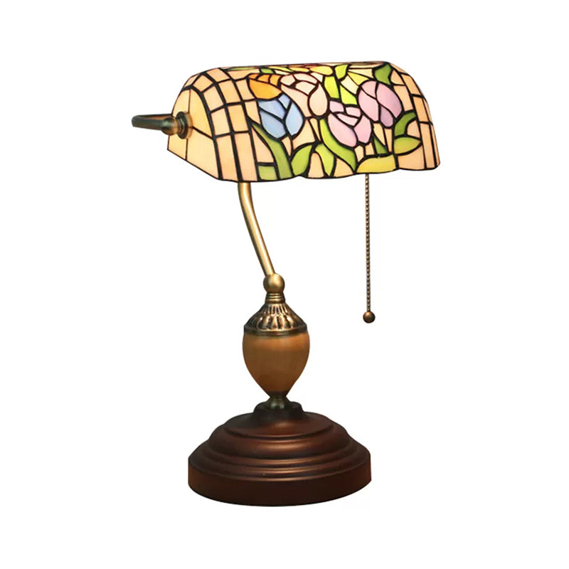 Tiffany Stylish Flower/Geometric/Baroque Bankers Table Lamp 1 Light Stainless Glass Brown Finish Table Lamp with Pull Chain Clearhalo 'Desk Lamps' 'Lamps' Lighting' 170549