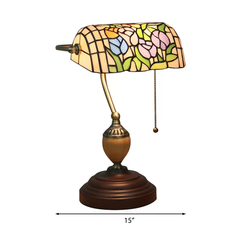 Tiffany Stylish Flower/Geometric/Baroque Bankers Table Lamp 1 Light Stainless Glass Brown Finish Table Lamp with Pull Chain Clearhalo 'Desk Lamps' 'Lamps' Lighting' 170550