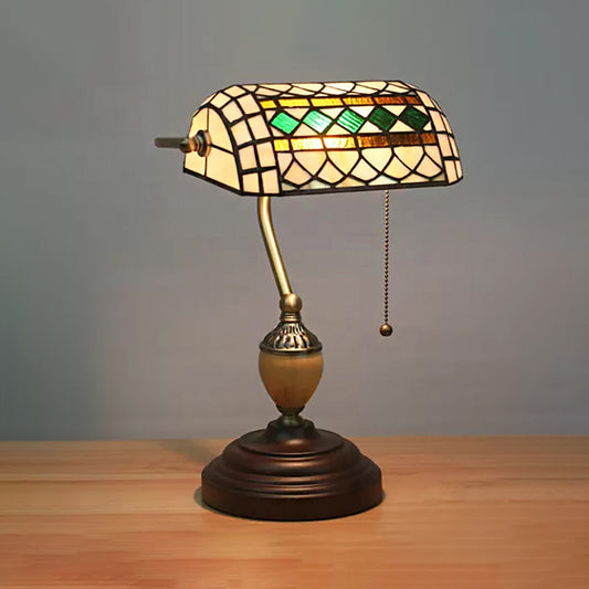 Tiffany Stylish Flower/Geometric/Baroque Bankers Table Lamp 1 Light Stainless Glass Brown Finish Table Lamp with Pull Chain Brown Geometric Clearhalo 'Desk Lamps' 'Lamps' Lighting' 170551