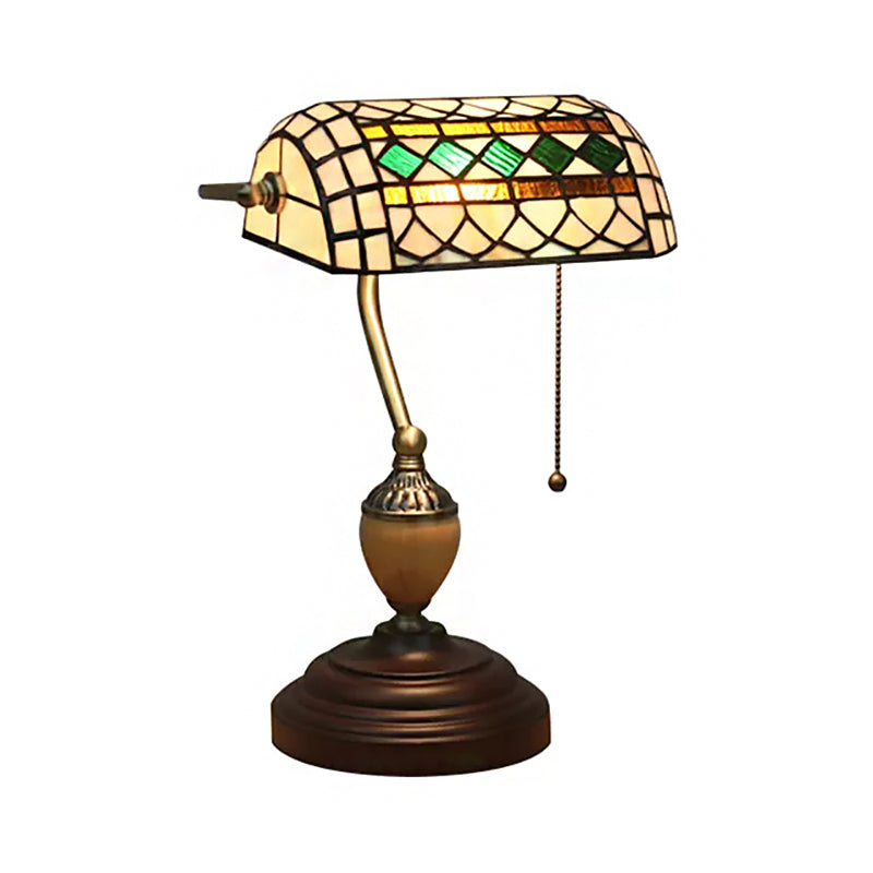 Tiffany Stylish Flower/Geometric/Baroque Bankers Table Lamp 1 Light Stainless Glass Brown Finish Table Lamp with Pull Chain Clearhalo 'Desk Lamps' 'Lamps' Lighting' 170552