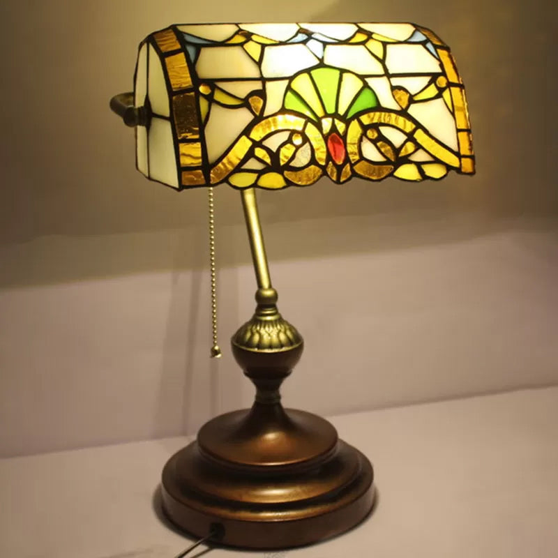 Tiffany Stylish Flower/Geometric/Baroque Bankers Table Lamp 1 Light Stainless Glass Brown Finish Table Lamp with Pull Chain Clearhalo 'Desk Lamps' 'Lamps' Lighting' 170553
