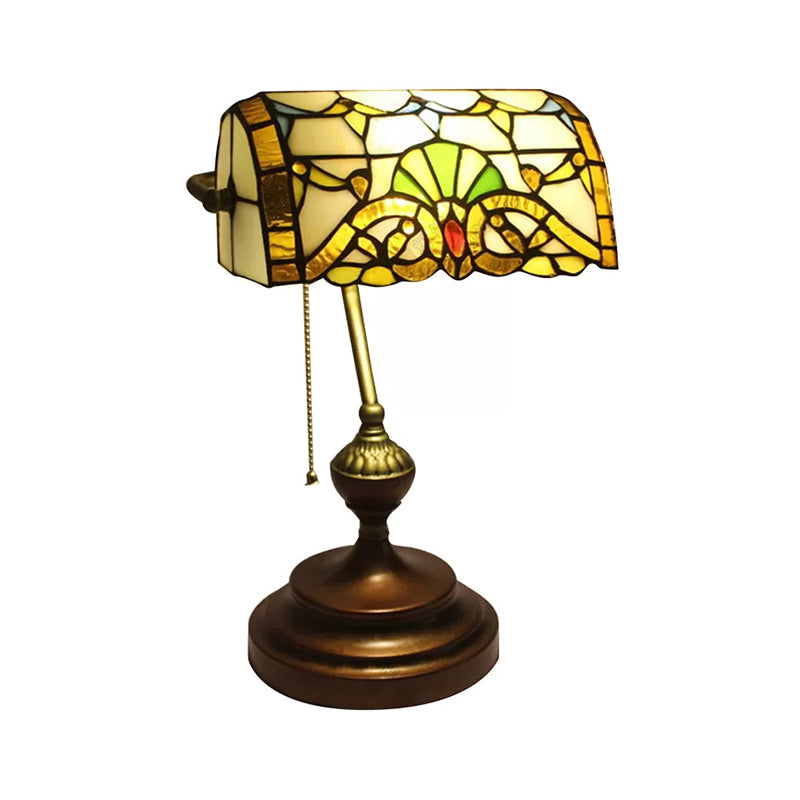 Tiffany Stylish Flower/Geometric/Baroque Bankers Table Lamp 1 Light Stainless Glass Brown Finish Table Lamp with Pull Chain Clearhalo 'Desk Lamps' 'Lamps' Lighting' 170554