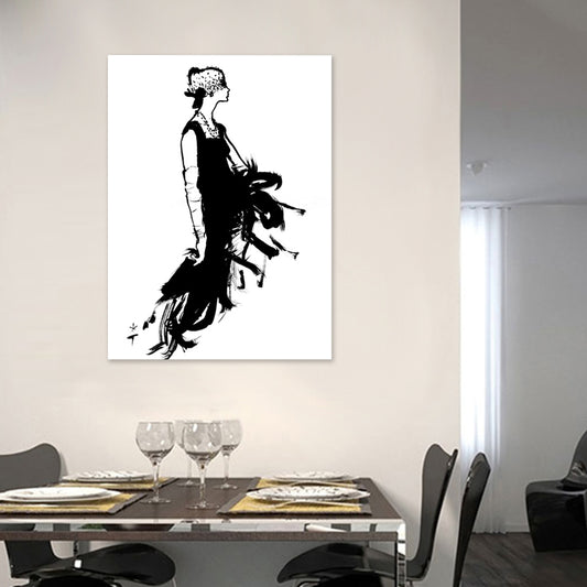 Pencil Drawing Glam Canvas Wall Art with Woman in Black Dress Pattern for Bedroom Clearhalo 'Arts' 'Canvas Art' 1705570